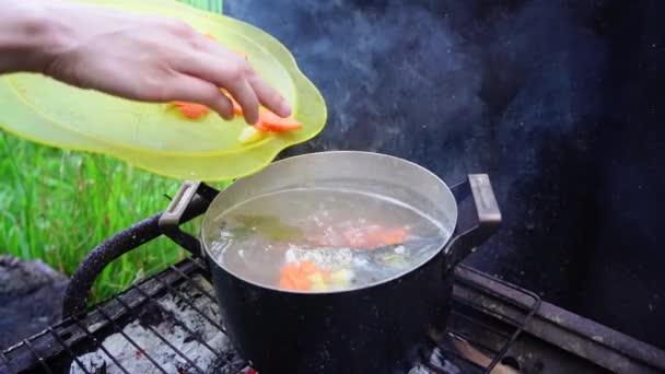 Κοντινό Πλάνο Της Γυναίκας Μαγείρεμα Ψαρόσουπα Στο Τηγάνι Bbq Αργή — Αρχείο Βίντεο