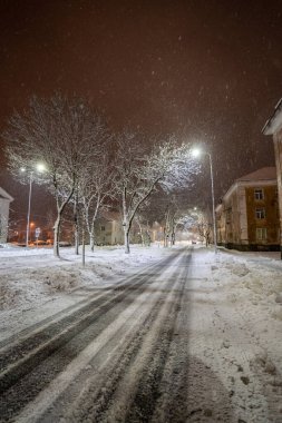 Ağaçlar ve binalarla çevrili karlı yolun üzerindeki gece aydınlanmasının manzarası 