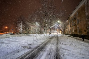 Ağaçlar ve binalarla çevrili karlı yolun üzerindeki gece aydınlanmasının manzarası 