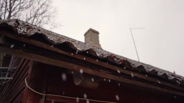 村の家の屋根の上に落ちる雹のスローモーション映像 — ストック動画