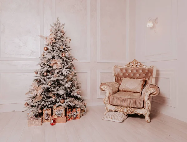 Christmas home interior with white christmas tree christmas tree with toys