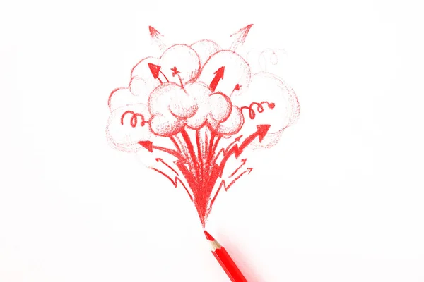 Rood potlood tekening explosie en rook — Stockfoto