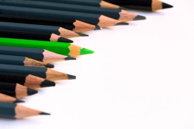 Gri ve siyah kalemler arasında renkli yeşil kalem