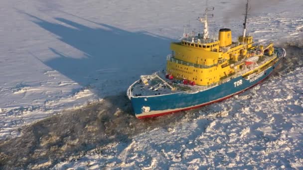 ロシアのタイメン州サベッタ 2021年3月28日 砕氷船Torが氷の上を移動します — ストック動画