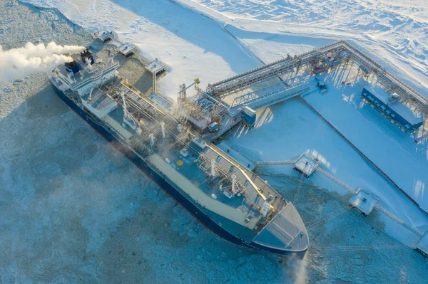 Sabetta, Tyumen bölgesi, Rusya - 30 Mart 2021: Vladimir Vize doğalgaz taşıyıcısı iskelede sıvılaştırılmış doğalgazla dolu.