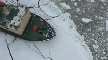 Arkhangelsk, Rusya - 16 Mart 2021 Dixon buzkıranı buza doğru ilerliyor. Kuzey Dvina ve Beyaz Deniz ağzındaki gemilerin buz pilotu..