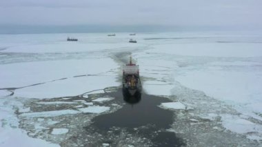 Arkhangelsk, Rusya - 16 Mart 2021: Deniz gemileri buza doğru ilerliyor.