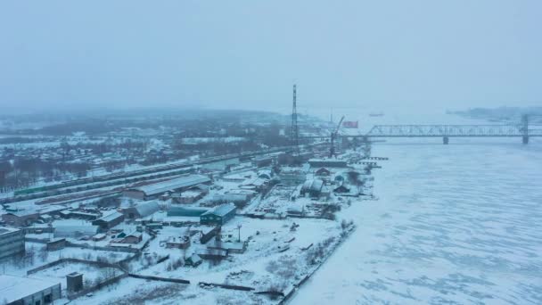 Archangelsk Rusland December 2020 Winterlandschap Van Rivier Brug Erover — Stockvideo