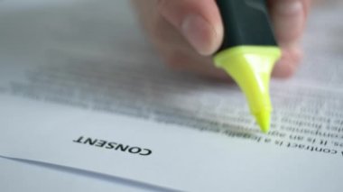 Kişisel verilerin işlenmesi için bilgilendirilmiş onay belgelerini okumak, gerekli bilgilerin altını çizmek ve altını çizmek. Bulanık resim.