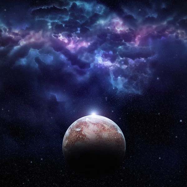 Escena cosmos con planeta, nebulosa y estrellas en el espacio — Foto de Stock