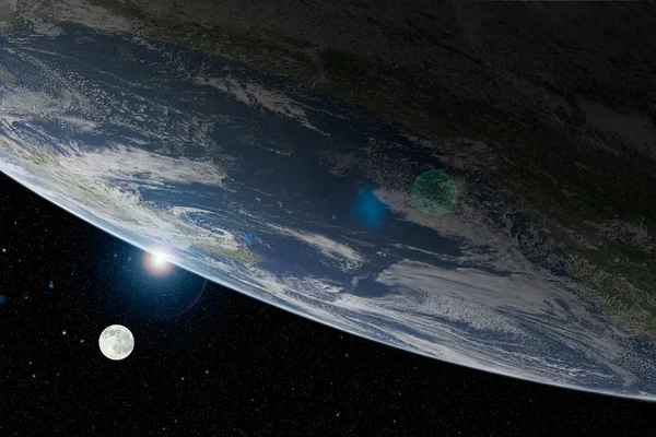 ดาวเคราะห์โลกและดวงจันทร์จากด้านบนด้วยแสงไฟเลนส์ — ภาพถ่ายสต็อก