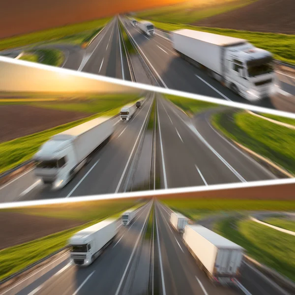 Fast delivery trucks in motion blur on highway at sunset — Stock Photo, Image