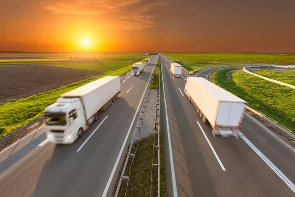 Delivery reefer transport trucks on the empty highway at sunset — Stock Photo, Image