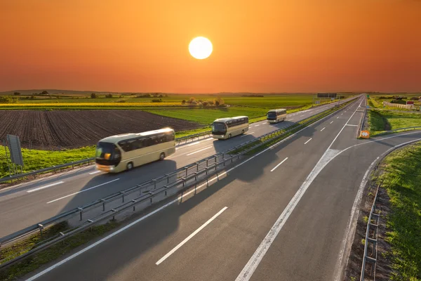 Szybka podróż autobusy z rzędu na autostradzie na zachodzie słońca — Zdjęcie stockowe