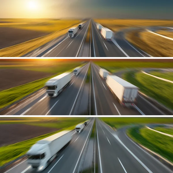 Colagem de caminhões de entrega rápida em movimento desfoque na estrada — Fotografia de Stock