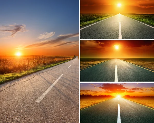 Puste aspalt droga na zachód słońca - kolaż — Zdjęcie stockowe