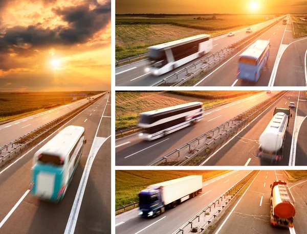 Camión y autobús en la carretera al atardecer - pancarta —  Fotos de Stock