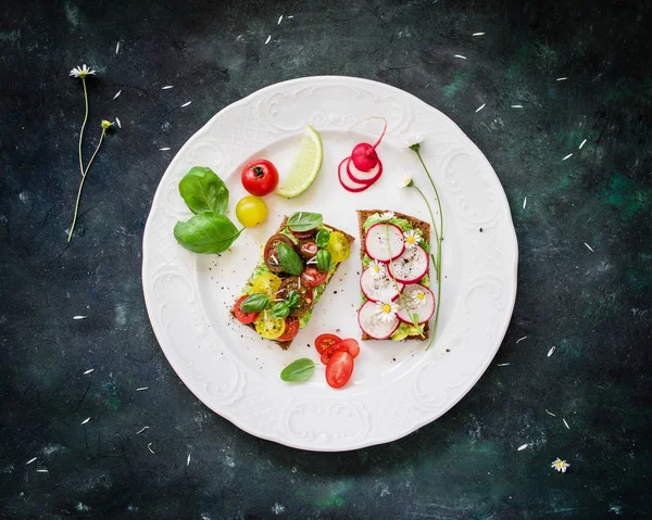 부서진된 아보카도와 채식주의 샌드위치 — 스톡 사진