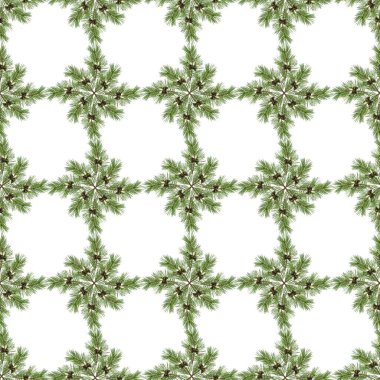 Kusursuz desen, dekorasyon, çeşitli geometrik şekillerde toplanan çam ağacının doğal yeşil dallarının arka planı.