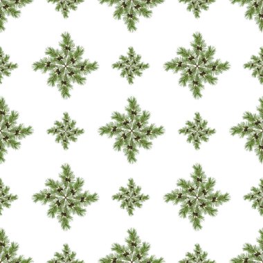 Kusursuz desen, dekorasyon, çeşitli geometrik şekillerde toplanan çam ağacının doğal yeşil dallarının arka planı.