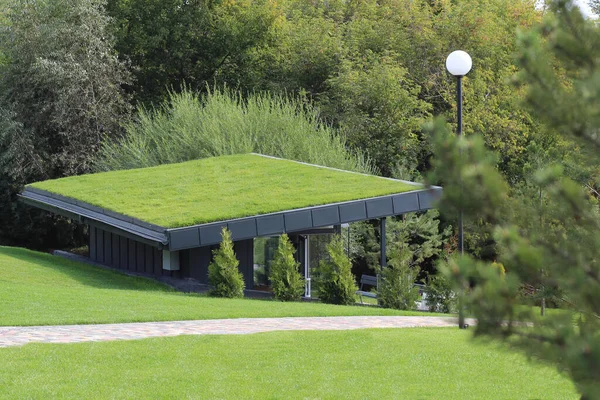 Pequeno Edifício Moderno Parque Com Gramado Telhado Uma Aldeia Ecológica — Fotografia de Stock