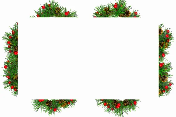 Frame Green Pine Branches Cones Red Balls White Background — Stock Photo, Image