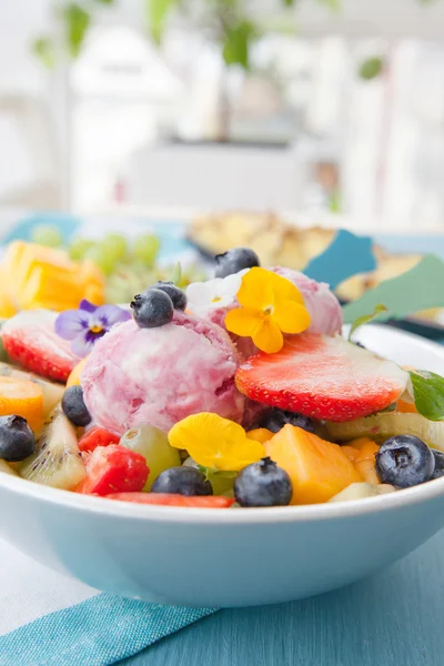 Färsk fruktsallad med skopor glass — Stockfoto