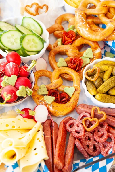 Bavarian Meat Cheese Platter Pretzels — Stock Photo, Image