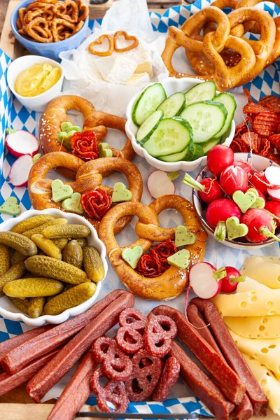 Bavarian Meat Cheese Platter Pretzels — Stock Photo, Image