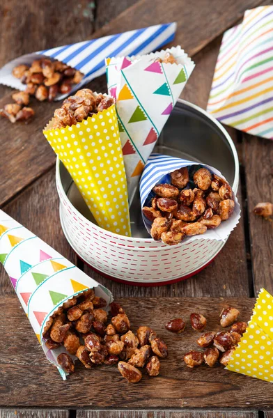 Sugar Roasted Almonds Cinnamon Little Colorful Paper Bags — Stock Photo, Image