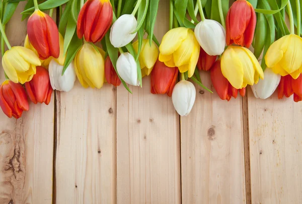 Frische Tulpen auf Holzgrund — Stockfoto