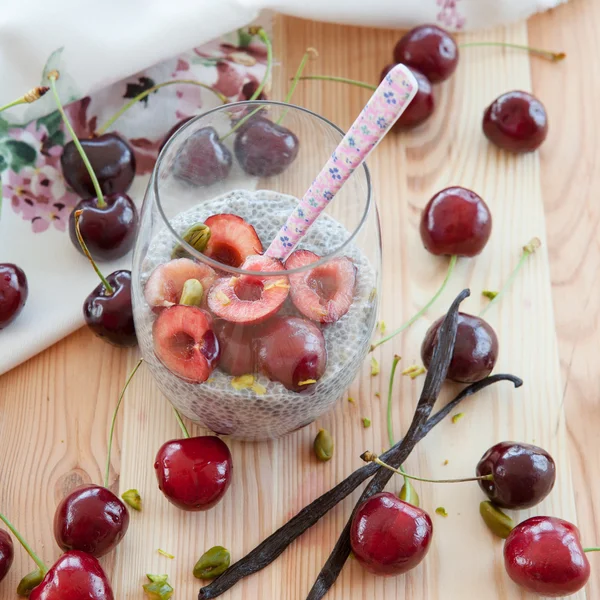 Chia Pudding with fresh cherries — Stock Photo, Image