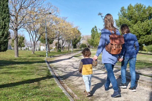 在公园里散步的单亲家庭 从后面看 — 图库照片