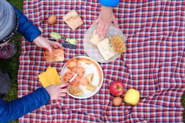 Bir anne piknikte atıştırmalık bir şeyler hazırlıyor.
