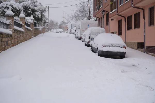 Manzanares Real Madrid España Enero 2021 Tormenta Nieve Calle Nevada — Foto de Stock