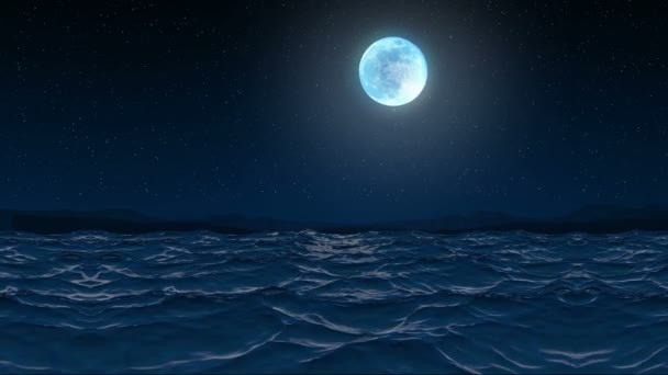 无缝的3D动画海波和波纹在海滨海滩在夜间与闪闪发光的星星和月亮发光在4k超高清 — 图库视频影像