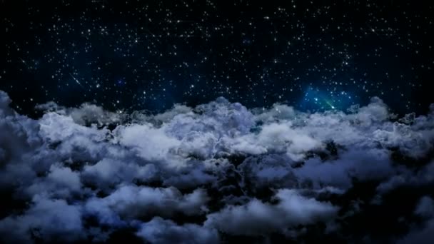 Animación 3D impecable de vista aérea del cielo nocturno nublado con nubes y luz estelar cayendo con cámara moviéndose en escena nocturna fondo de paisaje rústico en bucle 4k — Vídeos de Stock