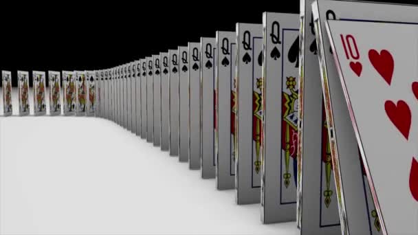 3D-Animation von Spielkarten, die herunterfallen und eine weitere wie einen Dominostein in 4k ultra hd bewirken — Stockvideo