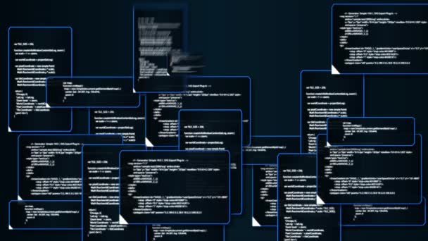 Анимация экрана монитора компьютера, показывающего папку с исходным кодом и текстом знака VIRUS, предупреждающего и мигающего о том, что система была взломана или заражена сетевым вирусом в 4k ultra HD — стоковое видео