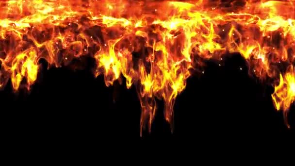 Muralla cortina de fuego abstracta ardiendo desde el cielo con chispa de llama y ceniza cayendo en patrón de fondo alfa transparente en 4k ultra HD — Vídeo de stock