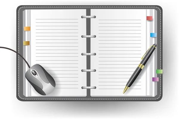 Office diary with line, ballpoint pen, and mouse 2 — Stock Vector