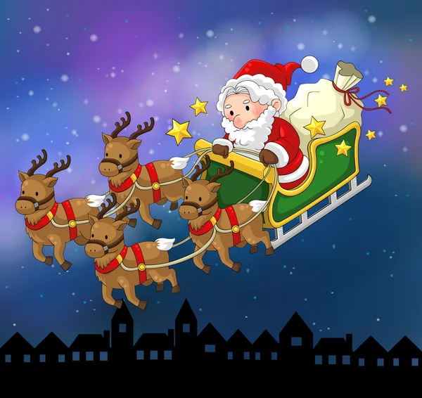 Santa Claus on a reindeer sleigh in Christmas in night scene — Stock Vector