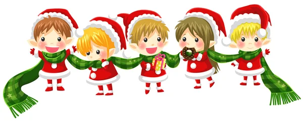 Roztomilý vánoční elfové s dlouhou šálu s bez černý obrys — Stockový vektor
