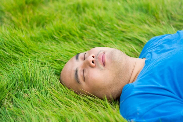 Dicker Mann liegt auf dem grünen Gras, um sich zu rela — Stockfoto