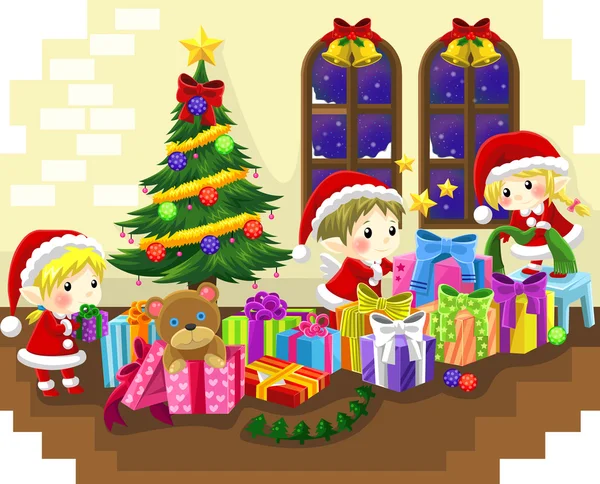 Pequenos elfos bonitos estão celebrando o Natal, criar por vetor — Vetor de Stock
