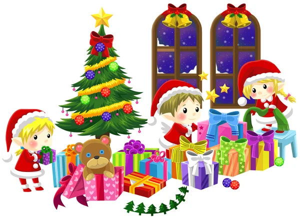 Lindos pequeños elfos están celebrando la Navidad en backgrou aislado — Archivo Imágenes Vectoriales