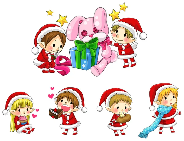 Cute Christmas elves in cartoon style collection set (vector) — Stock Vector