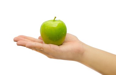 Avuç içinde izole geçmiş yeşil elma