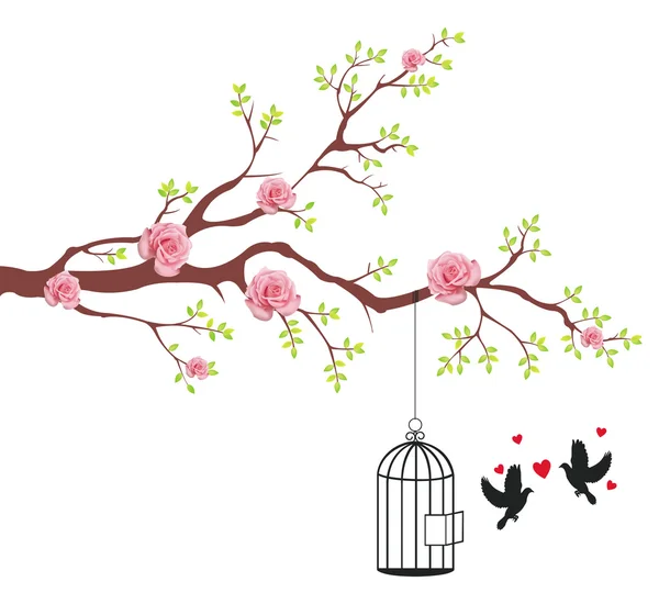 Bird freeing from the cage to it's lover couple. — Stock Vector