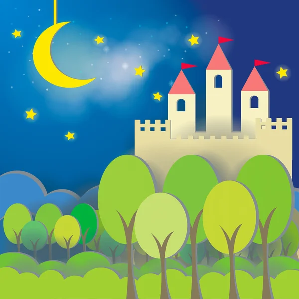 Fantasy Castle cardboard card in midnight background — Stock Vector